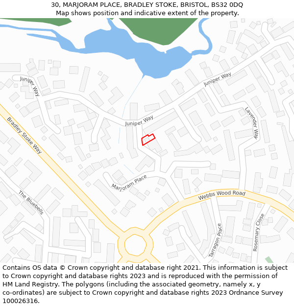 30, MARJORAM PLACE, BRADLEY STOKE, BRISTOL, BS32 0DQ: Location map and indicative extent of plot