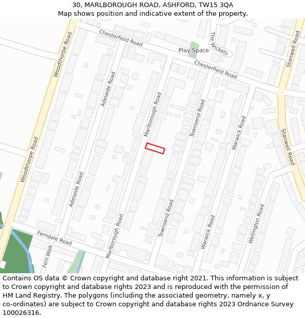 30, MARLBOROUGH ROAD, ASHFORD, TW15 3QA: Location map and indicative extent of plot