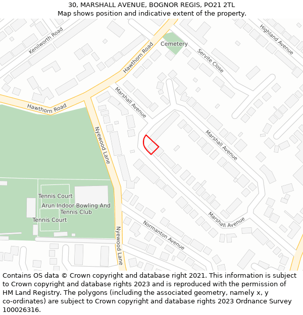 30, MARSHALL AVENUE, BOGNOR REGIS, PO21 2TL: Location map and indicative extent of plot