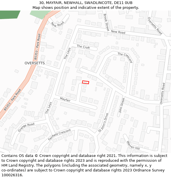 30, MAYFAIR, NEWHALL, SWADLINCOTE, DE11 0UB: Location map and indicative extent of plot