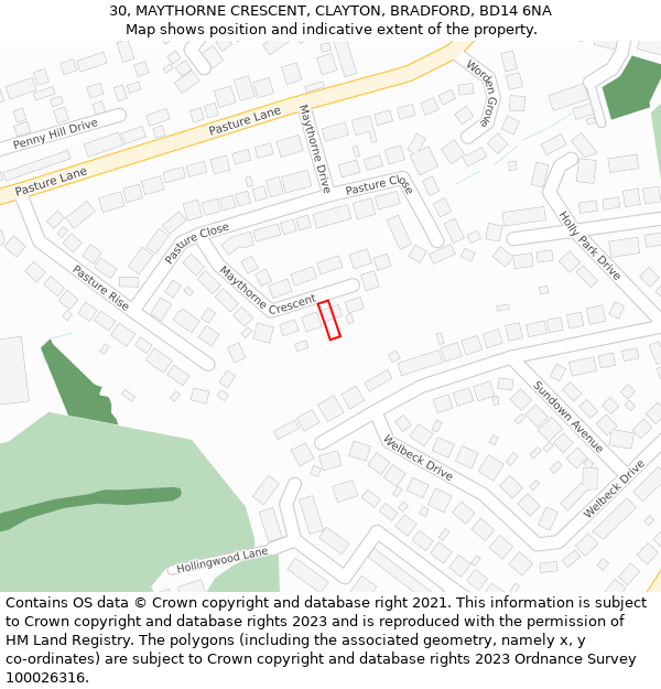 30, MAYTHORNE CRESCENT, CLAYTON, BRADFORD, BD14 6NA: Location map and indicative extent of plot
