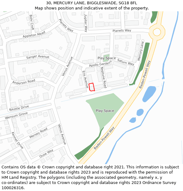 30, MERCURY LANE, BIGGLESWADE, SG18 8FL: Location map and indicative extent of plot