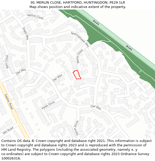 30, MERLIN CLOSE, HARTFORD, HUNTINGDON, PE29 1LR: Location map and indicative extent of plot