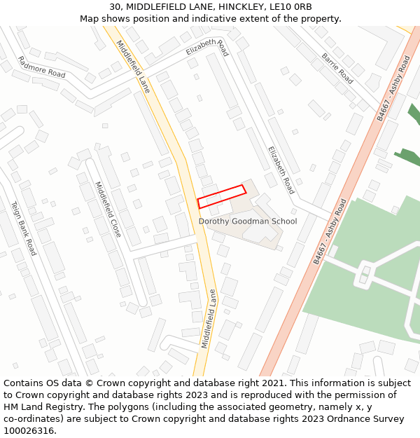 30, MIDDLEFIELD LANE, HINCKLEY, LE10 0RB: Location map and indicative extent of plot