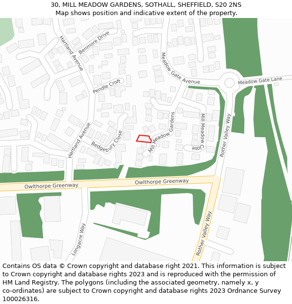 30, MILL MEADOW GARDENS, SOTHALL, SHEFFIELD, S20 2NS: Location map and indicative extent of plot