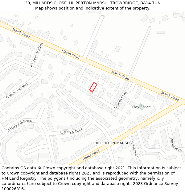 30, MILLARDS CLOSE, HILPERTON MARSH, TROWBRIDGE, BA14 7UN: Location map and indicative extent of plot