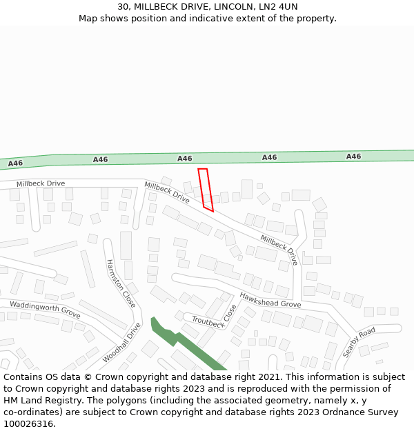 30, MILLBECK DRIVE, LINCOLN, LN2 4UN: Location map and indicative extent of plot