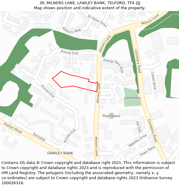 30, MILNERS LANE, LAWLEY BANK, TELFORD, TF4 2JJ: Location map and indicative extent of plot