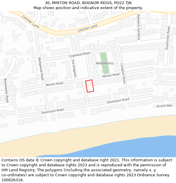 30, MINTON ROAD, BOGNOR REGIS, PO22 7JN: Location map and indicative extent of plot