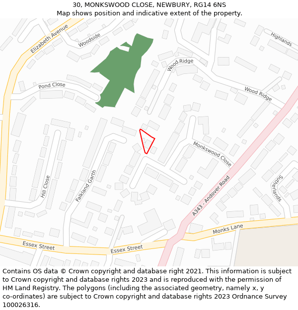 30, MONKSWOOD CLOSE, NEWBURY, RG14 6NS: Location map and indicative extent of plot