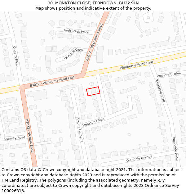 30, MONKTON CLOSE, FERNDOWN, BH22 9LN: Location map and indicative extent of plot