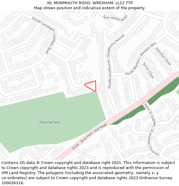 30, MONMOUTH ROAD, WREXHAM, LL12 7TP: Location map and indicative extent of plot