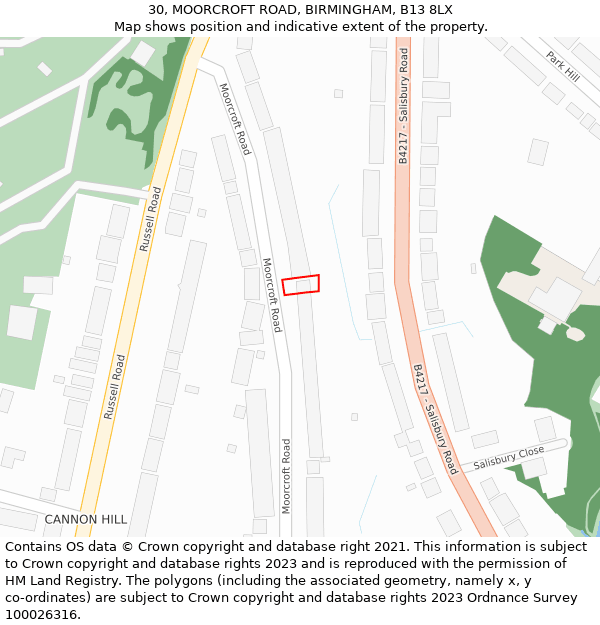 30, MOORCROFT ROAD, BIRMINGHAM, B13 8LX: Location map and indicative extent of plot