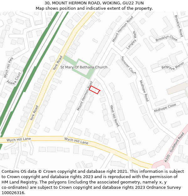 30, MOUNT HERMON ROAD, WOKING, GU22 7UN: Location map and indicative extent of plot