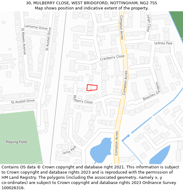 30, MULBERRY CLOSE, WEST BRIDGFORD, NOTTINGHAM, NG2 7SS: Location map and indicative extent of plot