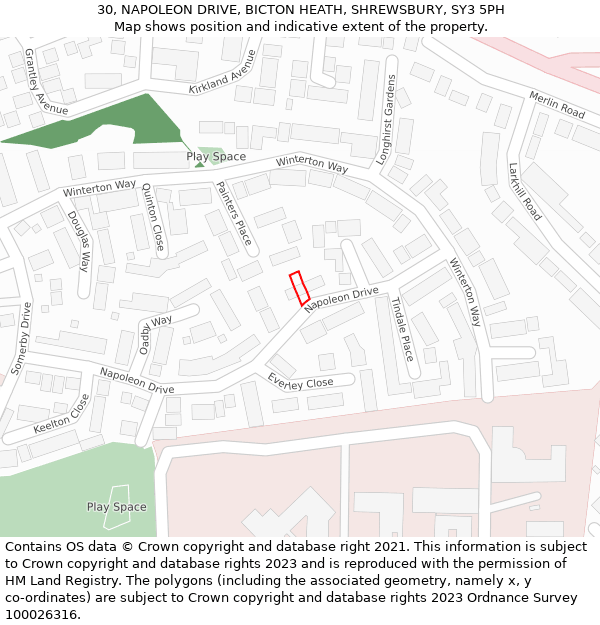 30, NAPOLEON DRIVE, BICTON HEATH, SHREWSBURY, SY3 5PH: Location map and indicative extent of plot