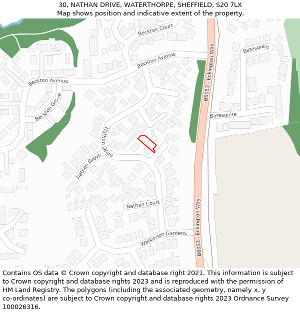 30, NATHAN DRIVE, WATERTHORPE, SHEFFIELD, S20 7LX: Location map and indicative extent of plot