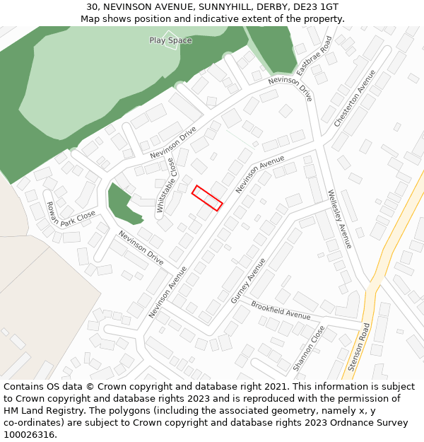 30, NEVINSON AVENUE, SUNNYHILL, DERBY, DE23 1GT: Location map and indicative extent of plot