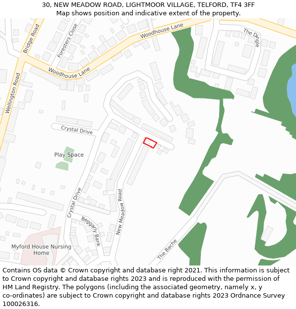 30, NEW MEADOW ROAD, LIGHTMOOR VILLAGE, TELFORD, TF4 3FF: Location map and indicative extent of plot