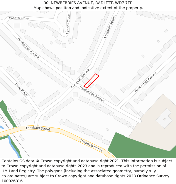 30, NEWBERRIES AVENUE, RADLETT, WD7 7EP: Location map and indicative extent of plot