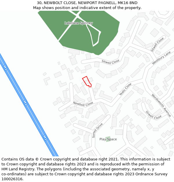 30, NEWBOLT CLOSE, NEWPORT PAGNELL, MK16 8ND: Location map and indicative extent of plot