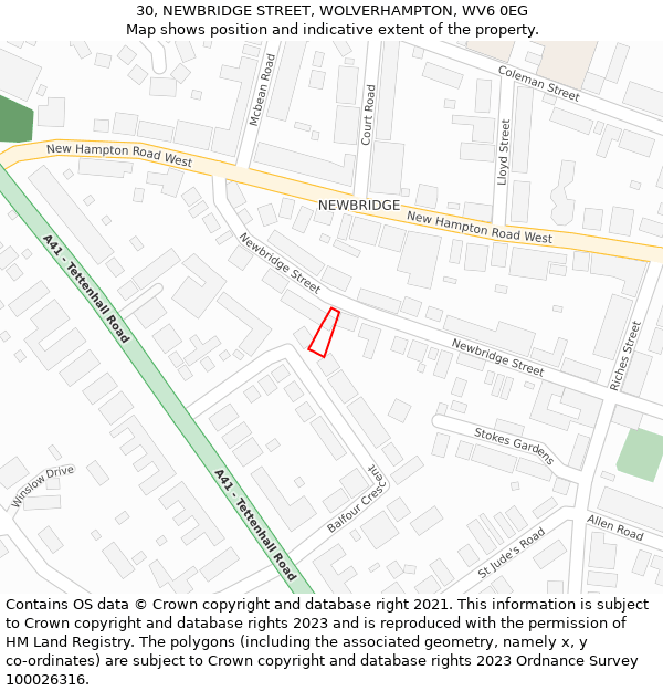 30, NEWBRIDGE STREET, WOLVERHAMPTON, WV6 0EG: Location map and indicative extent of plot