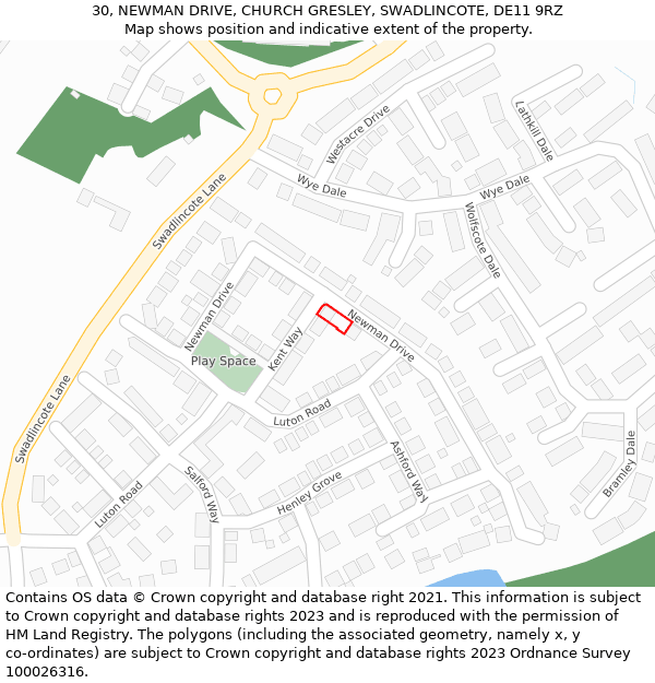 30, NEWMAN DRIVE, CHURCH GRESLEY, SWADLINCOTE, DE11 9RZ: Location map and indicative extent of plot