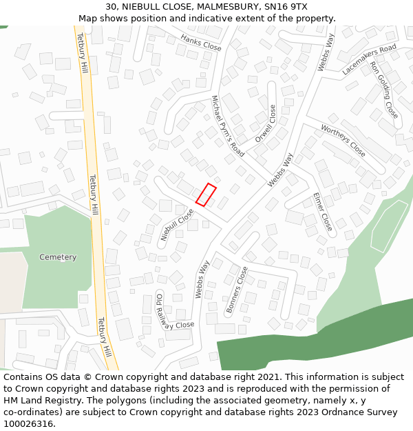 30, NIEBULL CLOSE, MALMESBURY, SN16 9TX: Location map and indicative extent of plot