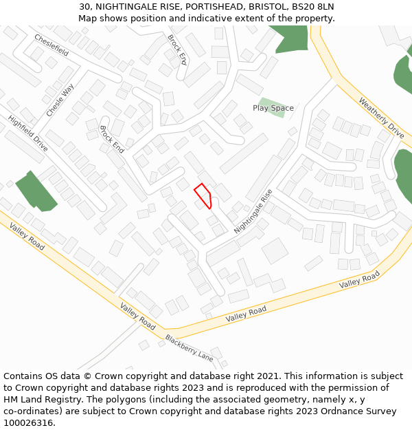 30, NIGHTINGALE RISE, PORTISHEAD, BRISTOL, BS20 8LN: Location map and indicative extent of plot
