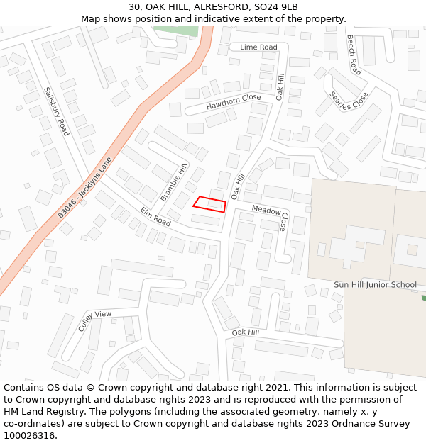 30, OAK HILL, ALRESFORD, SO24 9LB: Location map and indicative extent of plot