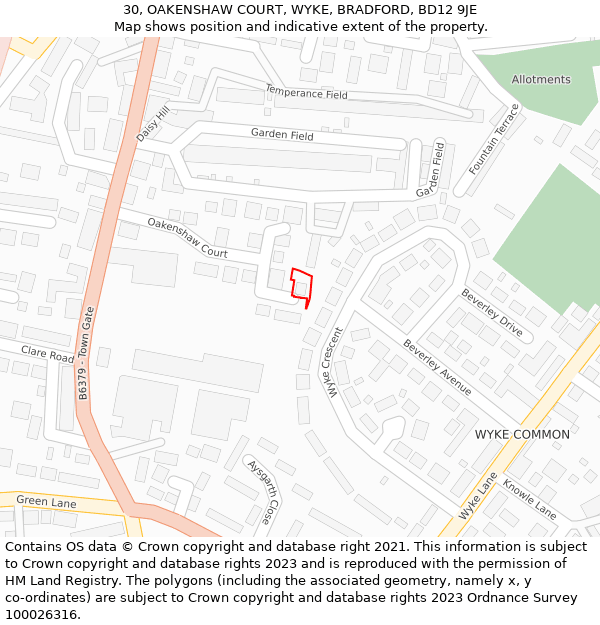 30, OAKENSHAW COURT, WYKE, BRADFORD, BD12 9JE: Location map and indicative extent of plot