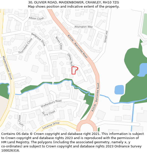 30, OLIVIER ROAD, MAIDENBOWER, CRAWLEY, RH10 7ZG: Location map and indicative extent of plot