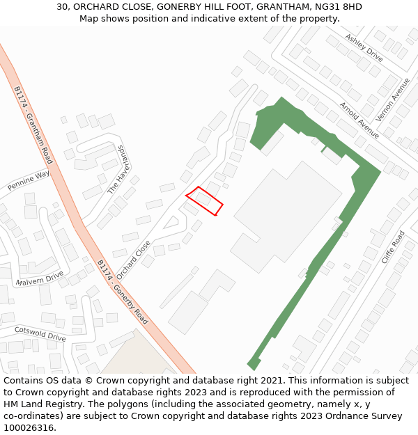 30, ORCHARD CLOSE, GONERBY HILL FOOT, GRANTHAM, NG31 8HD: Location map and indicative extent of plot