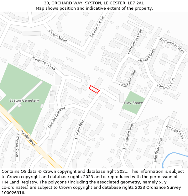 30, ORCHARD WAY, SYSTON, LEICESTER, LE7 2AL: Location map and indicative extent of plot