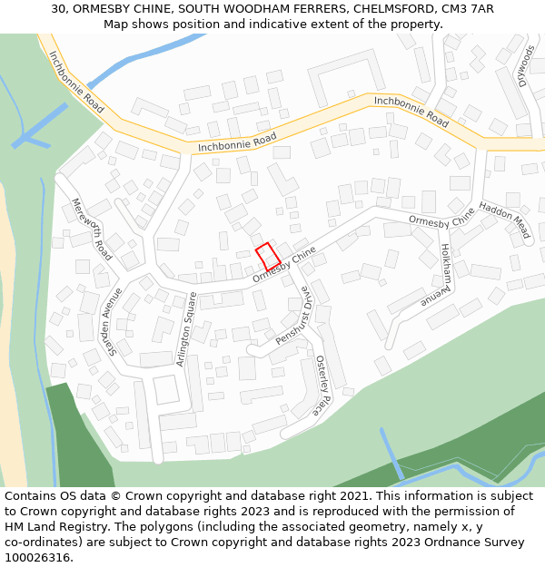 30, ORMESBY CHINE, SOUTH WOODHAM FERRERS, CHELMSFORD, CM3 7AR: Location map and indicative extent of plot