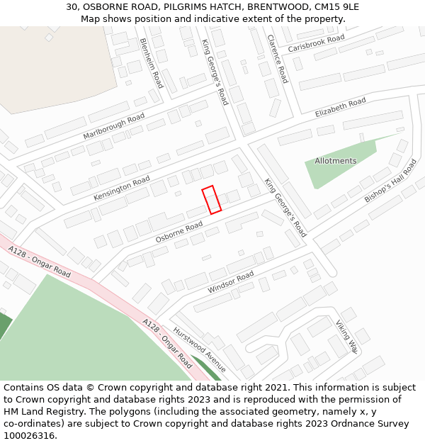 30, OSBORNE ROAD, PILGRIMS HATCH, BRENTWOOD, CM15 9LE: Location map and indicative extent of plot