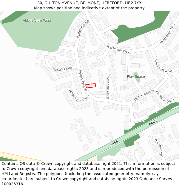 30, OULTON AVENUE, BELMONT, HEREFORD, HR2 7YX: Location map and indicative extent of plot
