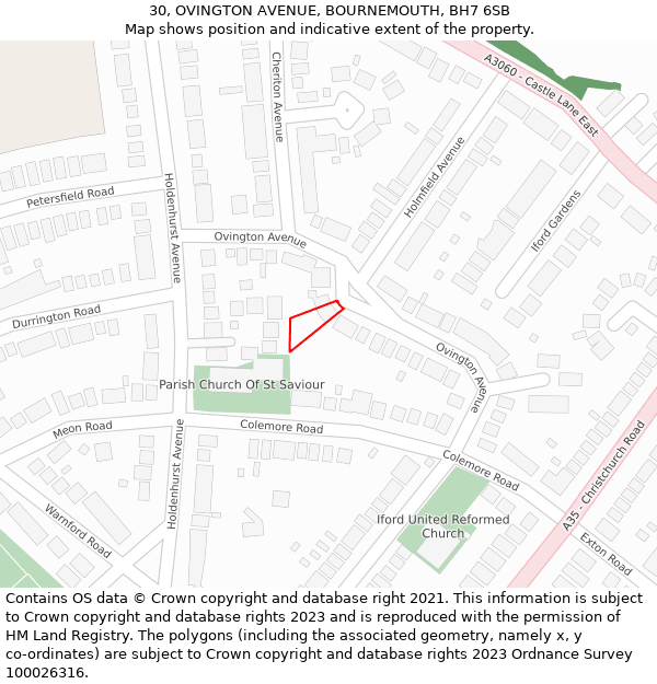 30, OVINGTON AVENUE, BOURNEMOUTH, BH7 6SB: Location map and indicative extent of plot