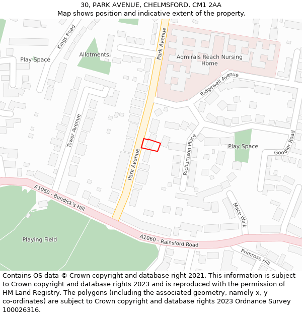 30, PARK AVENUE, CHELMSFORD, CM1 2AA: Location map and indicative extent of plot