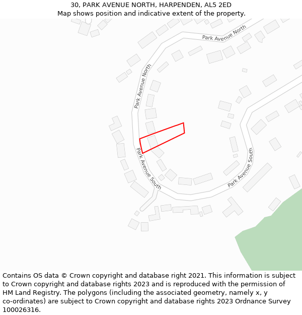 30, PARK AVENUE NORTH, HARPENDEN, AL5 2ED: Location map and indicative extent of plot