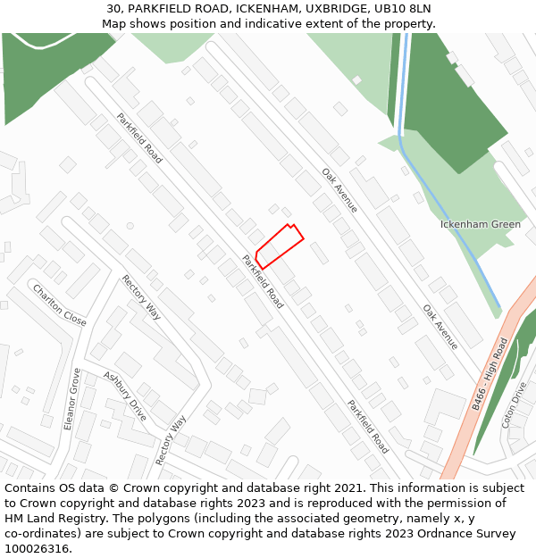 30, PARKFIELD ROAD, ICKENHAM, UXBRIDGE, UB10 8LN: Location map and indicative extent of plot