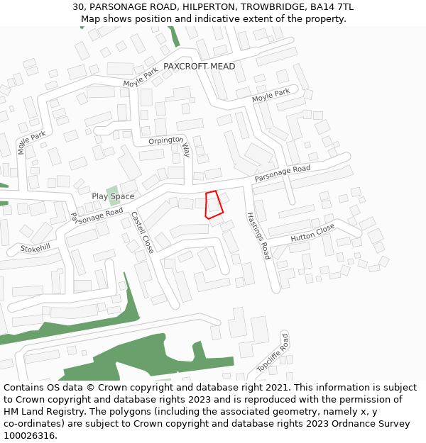 30, PARSONAGE ROAD, HILPERTON, TROWBRIDGE, BA14 7TL: Location map and indicative extent of plot