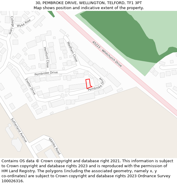 30, PEMBROKE DRIVE, WELLINGTON, TELFORD, TF1 3PT: Location map and indicative extent of plot