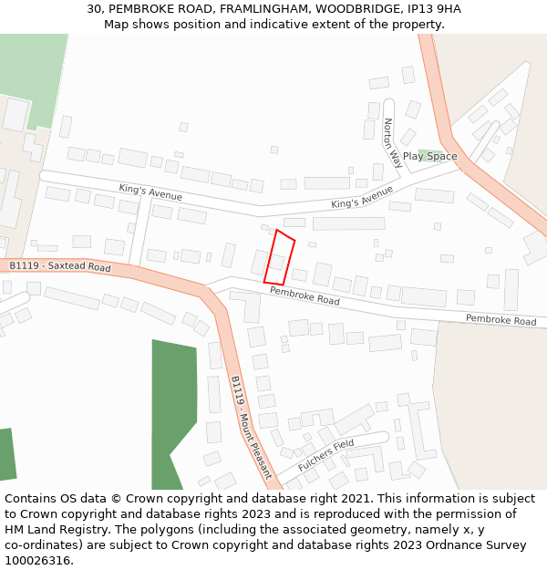 30, PEMBROKE ROAD, FRAMLINGHAM, WOODBRIDGE, IP13 9HA: Location map and indicative extent of plot