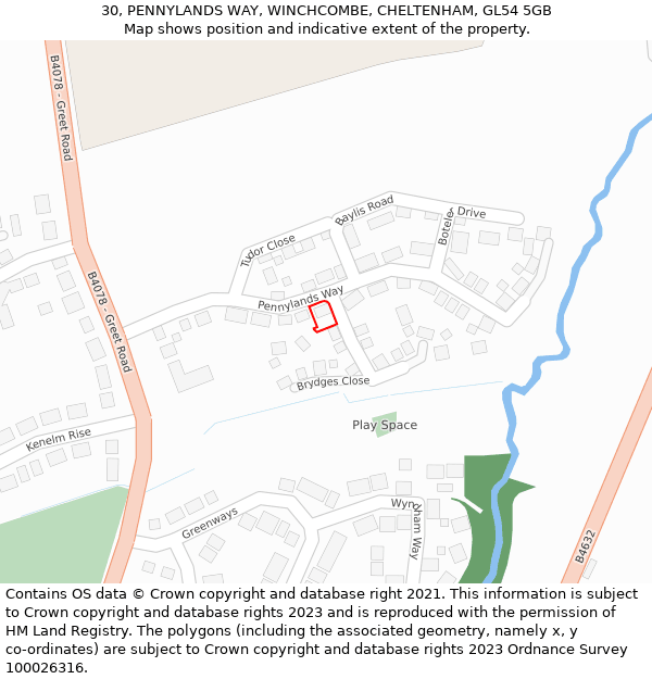 30, PENNYLANDS WAY, WINCHCOMBE, CHELTENHAM, GL54 5GB: Location map and indicative extent of plot