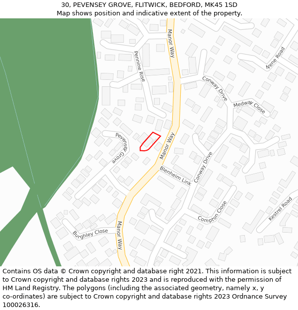 30, PEVENSEY GROVE, FLITWICK, BEDFORD, MK45 1SD: Location map and indicative extent of plot