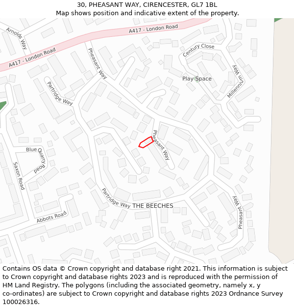 30, PHEASANT WAY, CIRENCESTER, GL7 1BL: Location map and indicative extent of plot