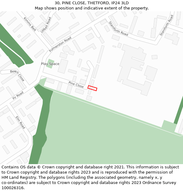 30, PINE CLOSE, THETFORD, IP24 3LD: Location map and indicative extent of plot