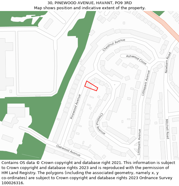 30, PINEWOOD AVENUE, HAVANT, PO9 3RD: Location map and indicative extent of plot
