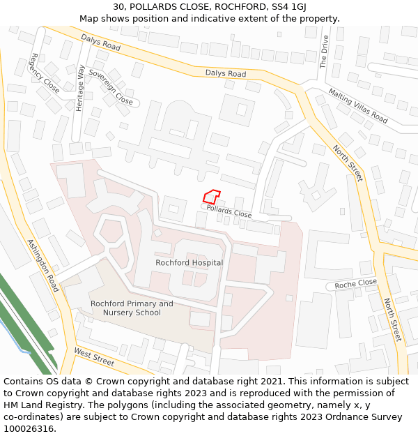 30, POLLARDS CLOSE, ROCHFORD, SS4 1GJ: Location map and indicative extent of plot